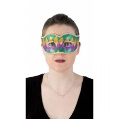 Loup Vénitien Plastique Arlequin Vert Violet Et Or 