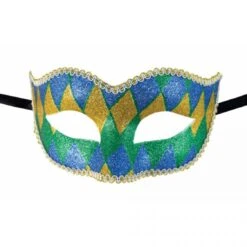 Loup Vénitien Plastique Arlequin Vert Bleu Et Or 